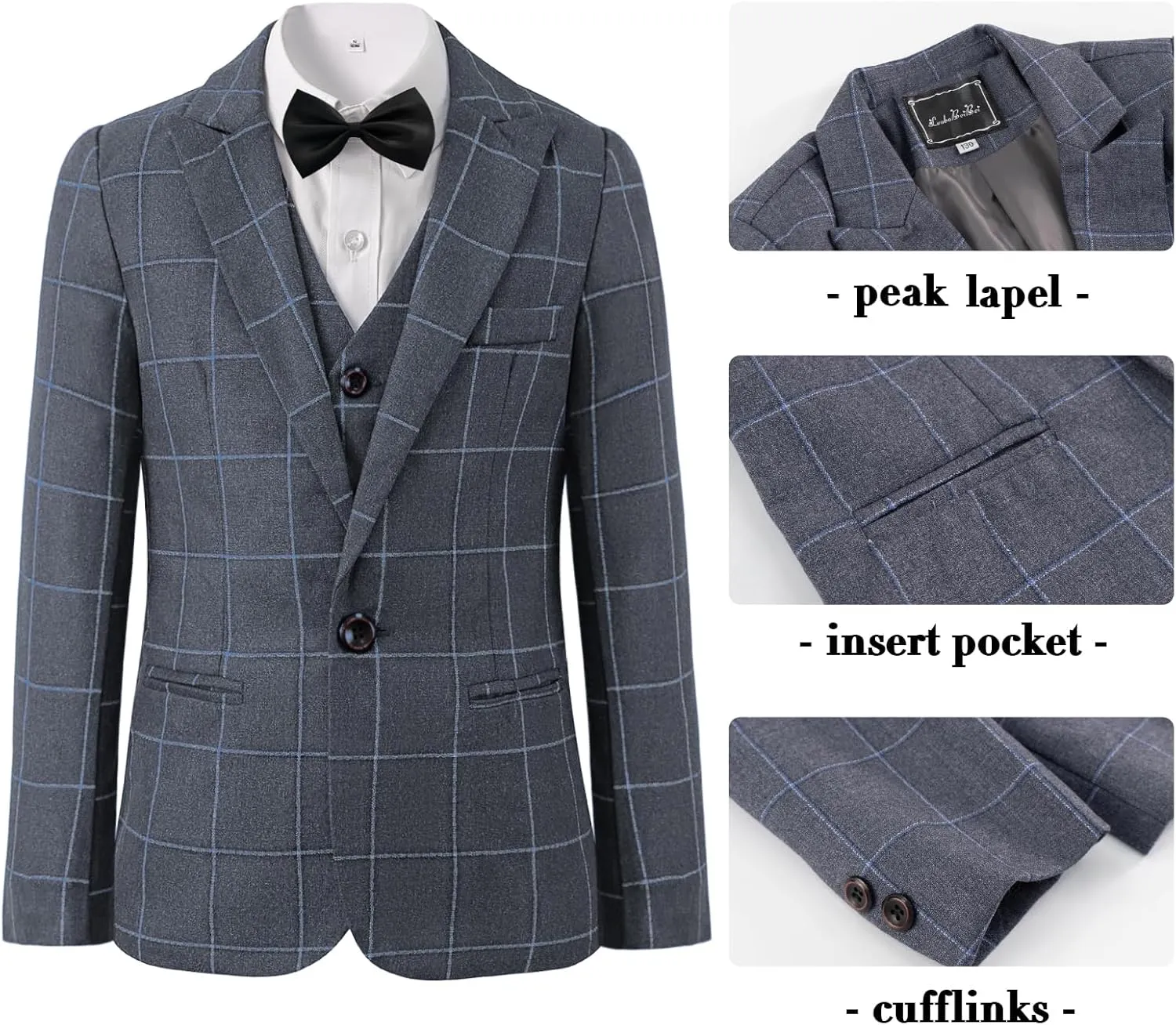 Boys Plaid Suit 5 Piece Formal Outfits Slim Fit Dress Clothes Kids Tuxedo Blazer Shirt Vest Pants Bow Tie