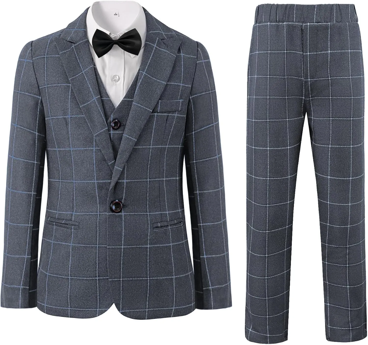 Boys Plaid Suit 5 Piece Formal Outfits Slim Fit Dress Clothes Kids Tuxedo Blazer Shirt Vest Pants Bow Tie