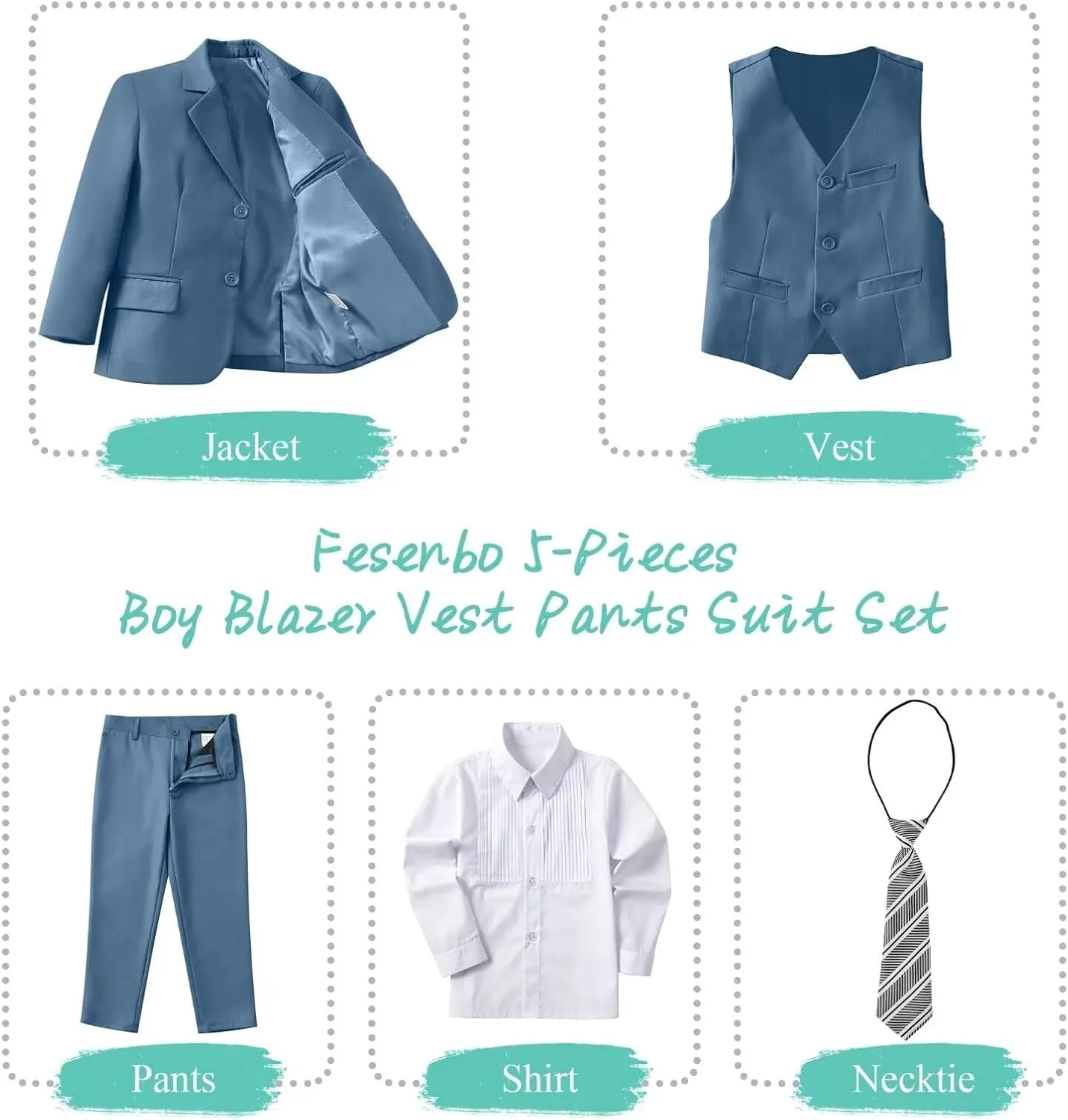 Boy's Suit Formal Slim Fit 5 Pieces Suit Set Blazer Vest Pants with Adjustable Waist Shirt with Tie