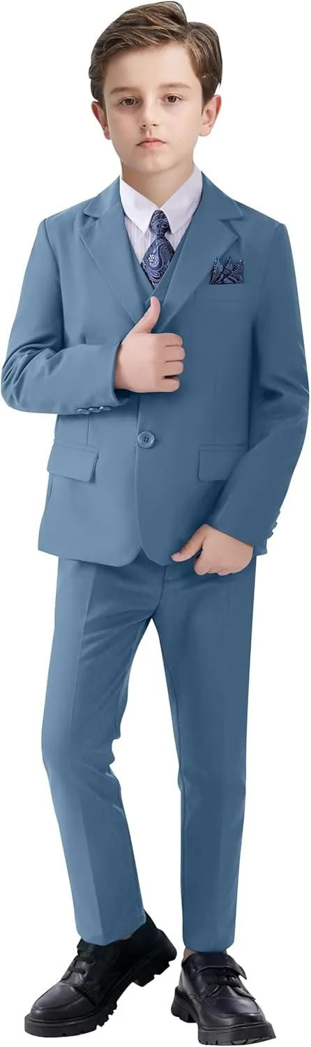 Boy's Suit Formal Slim Fit 5 Pieces Suit Set Blazer Vest Pants with Adjustable Waist Shirt with Tie