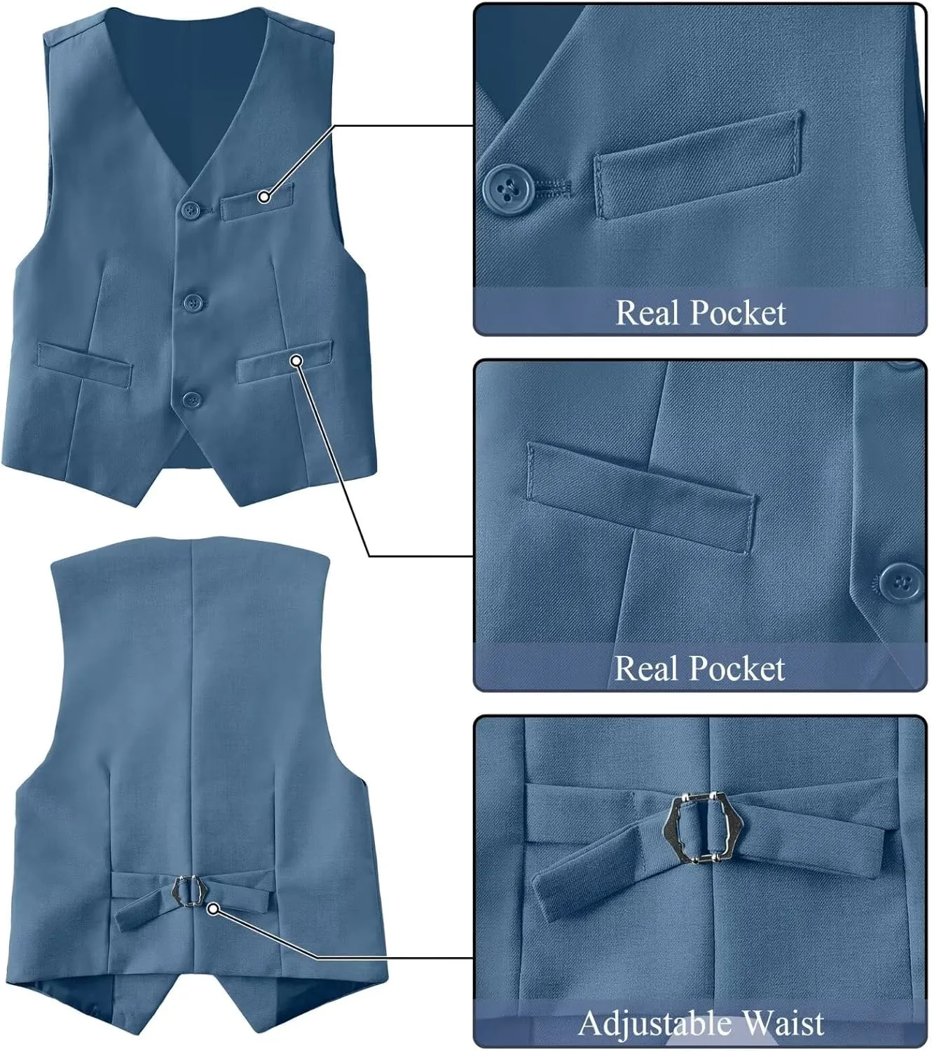 Boy's Suit Formal Slim Fit 5 Pieces Suit Set Blazer Vest Pants with Adjustable Waist Shirt with Tie