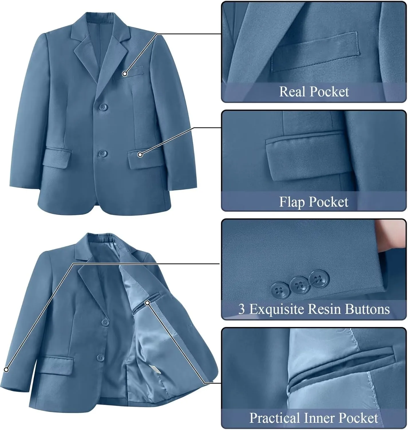 Boy's Suit Formal Slim Fit 5 Pieces Suit Set Blazer Vest Pants with Adjustable Waist Shirt with Tie