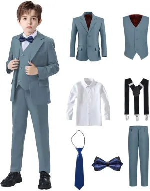 Boys Suits Black Suit for Boy Slim Fit Formal Toddler Kids 7Pcs Vest Dress Pants Blazer Ring Bearer Outfit with Accessory