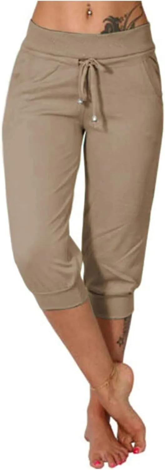 Capri Pants for Women Casual Summer Petite Short Jogger Sweatpants Drawstring Cropped Trouser Capri Leggings Plus Size