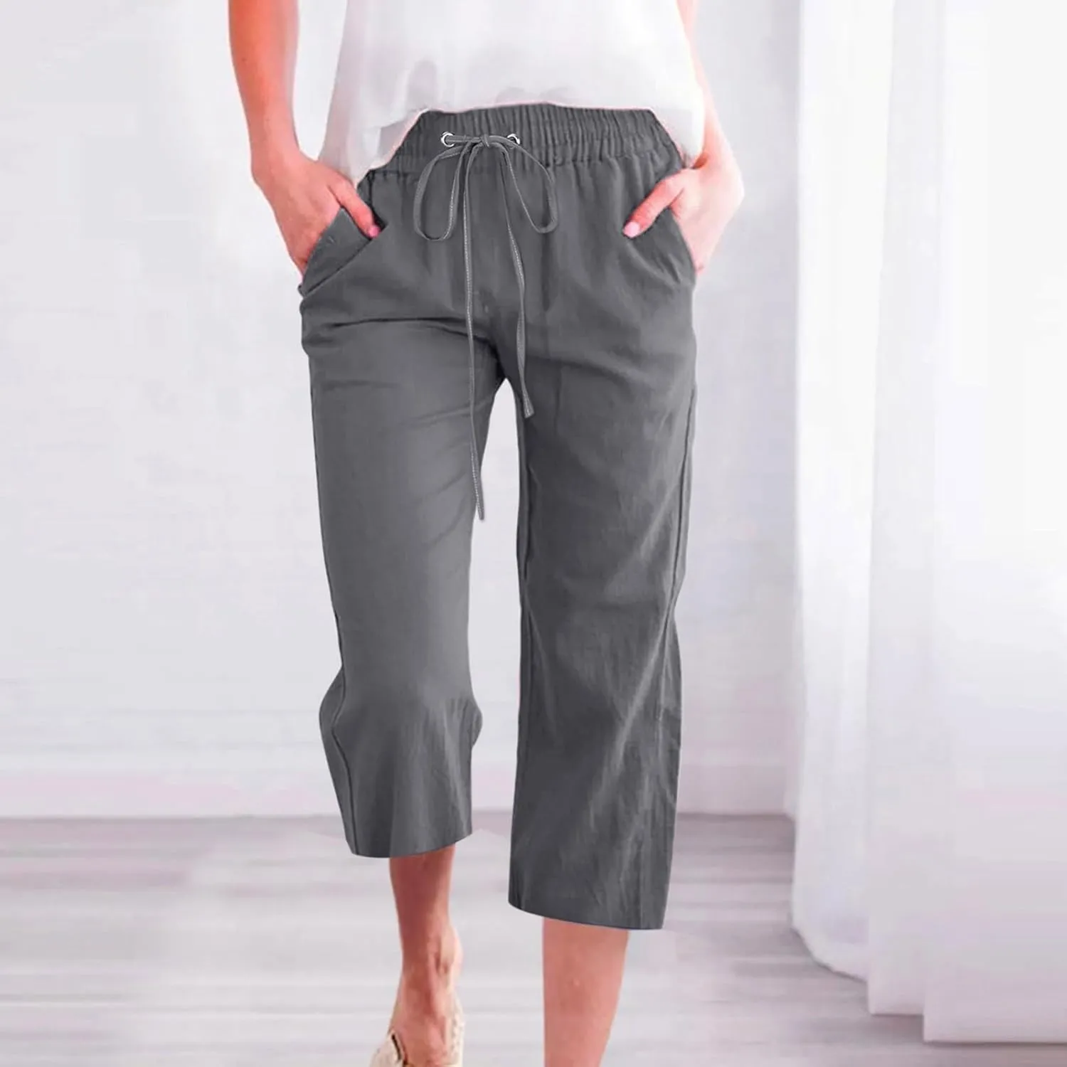 Capri Pants for Women Dressy 2025 Cotton Linen Summer Straight Wide Leg Drawstring Elastic Waist Cropped Trouser