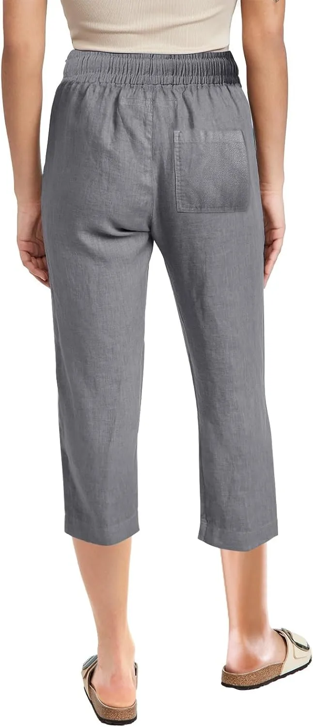 Capri Pants for Women Dressy 2025 Cotton Linen Summer Straight Wide Leg Drawstring Elastic Waist Cropped Trouser
