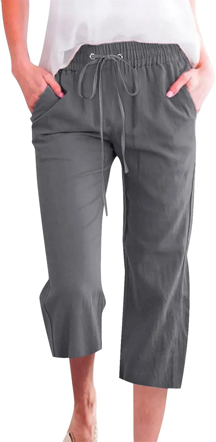 Capri Pants for Women Dressy 2025 Cotton Linen Summer Straight Wide Leg Drawstring Elastic Waist Cropped Trouser
