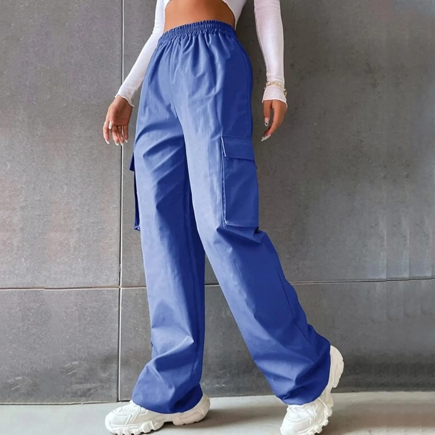 Cargo Pants Women High Waisted with Pockets Ladies Elastic Wasit Straight Wide Leg Pant Trendy Baggy Trousers