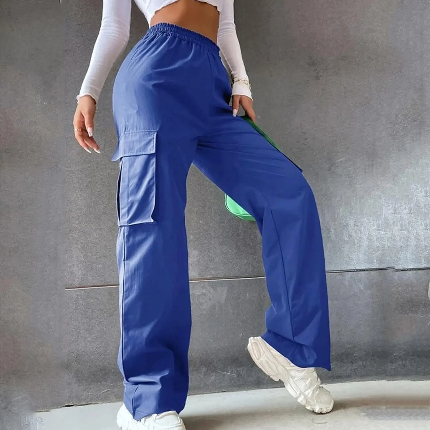 Cargo Pants Women High Waisted with Pockets Ladies Elastic Wasit Straight Wide Leg Pant Trendy Baggy Trousers