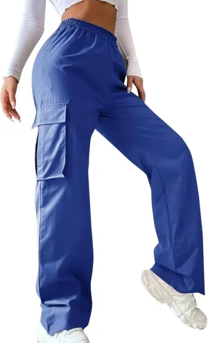 Cargo Pants Women High Waisted with Pockets Ladies Elastic Wasit Straight Wide Leg Pant Trendy Baggy Trousers
