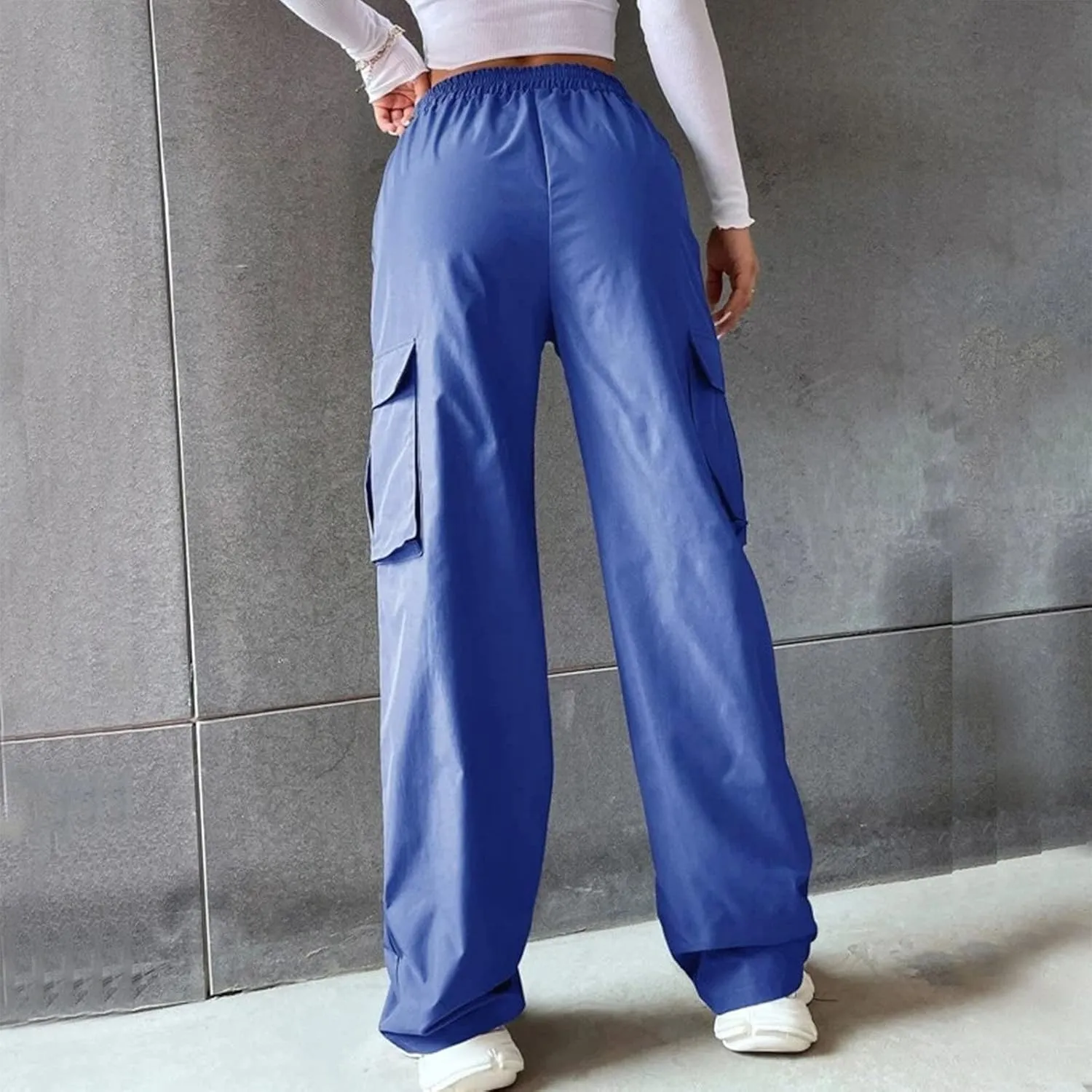 Cargo Pants Women High Waisted with Pockets Ladies Elastic Wasit Straight Wide Leg Pant Trendy Baggy Trousers