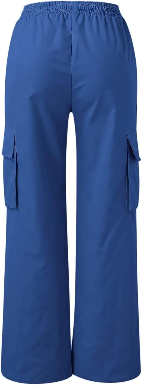 Cargo Pants Women High Waisted with Pockets Ladies Elastic Wasit Straight Wide Leg Pant Trendy Baggy Trousers