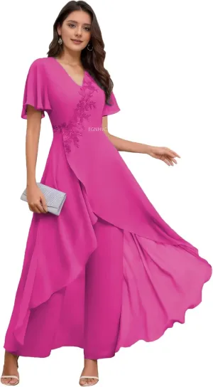 Casual Pant Suits for Women Evening Party with Sleeves Chiffon Mother of The Groom Pantsuits for Wedding Hot Pink 10