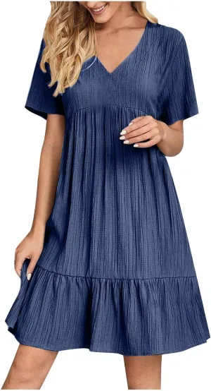 Cbcbtwo Summer Dresses for Women 2025 Casual Loose Fit V Neck Dress Short Sleeve Solid Flowy Sundress Vacation Midi Dress