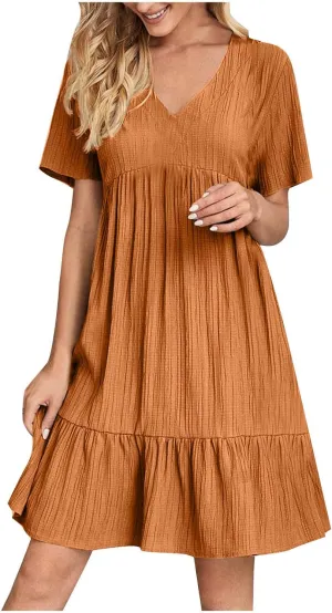Cbcbtwo Summer Dresses for Women 2025 Casual Loose Fit V Neck Dress Short Sleeve Solid Flowy Sundress Vacation Midi Dress