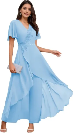 Chiffon Dressy Pantsuits for Older Women V Neck Lace Applique Short Sleeve Cocktail Dresses Plus Size Sky Blue 22W
