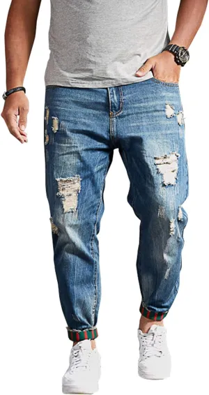 chouyatou Men's Casual Distressed Style Tapered Leg Harem Jogger Jeans Crop Denim Pants