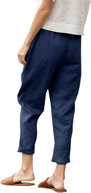 Costaric Womens Summer Casual Linen Capris Pant High Elastic Waist Comfy Loose Wide Leg Beach Linen Trousers with Pockets