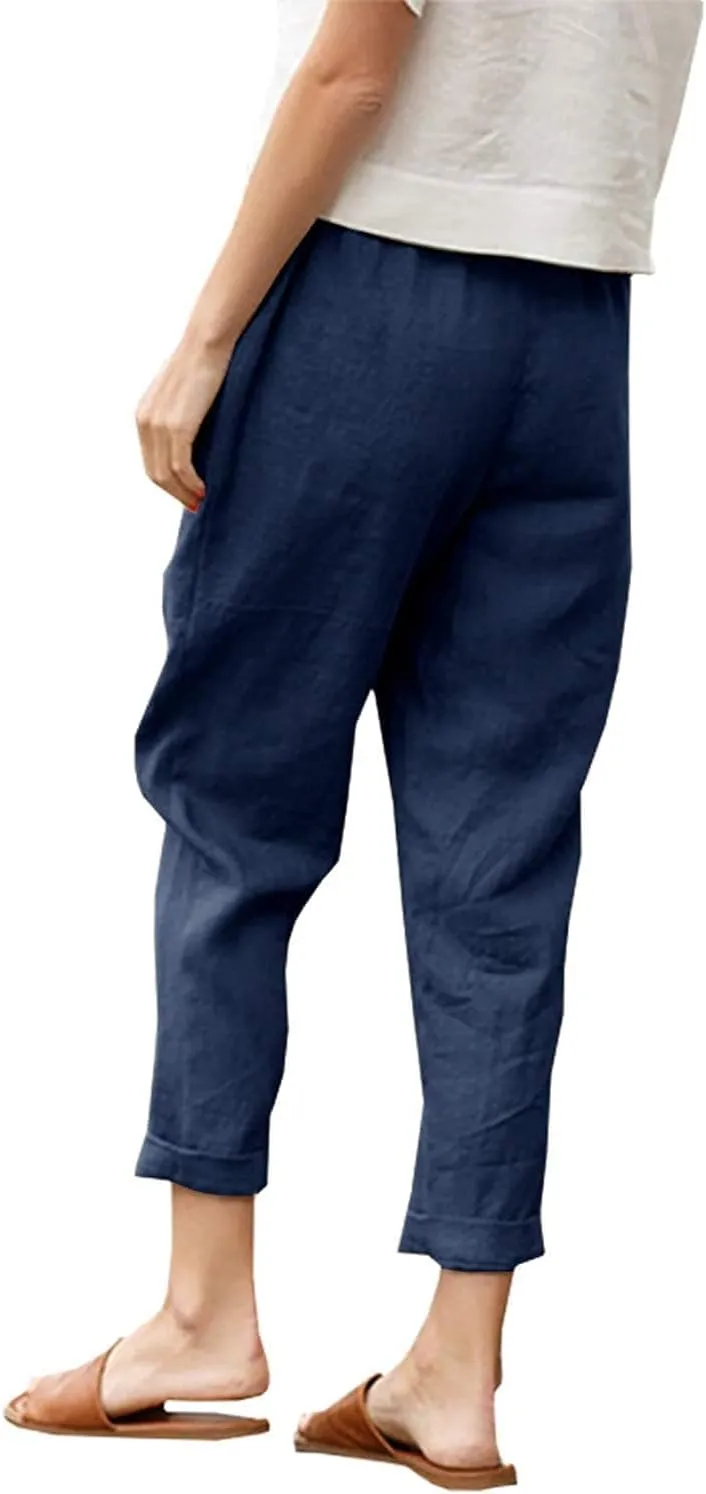 Costaric Womens Summer Casual Linen Capris Pant High Elastic Waist Comfy Loose Wide Leg Beach Linen Trousers with Pockets