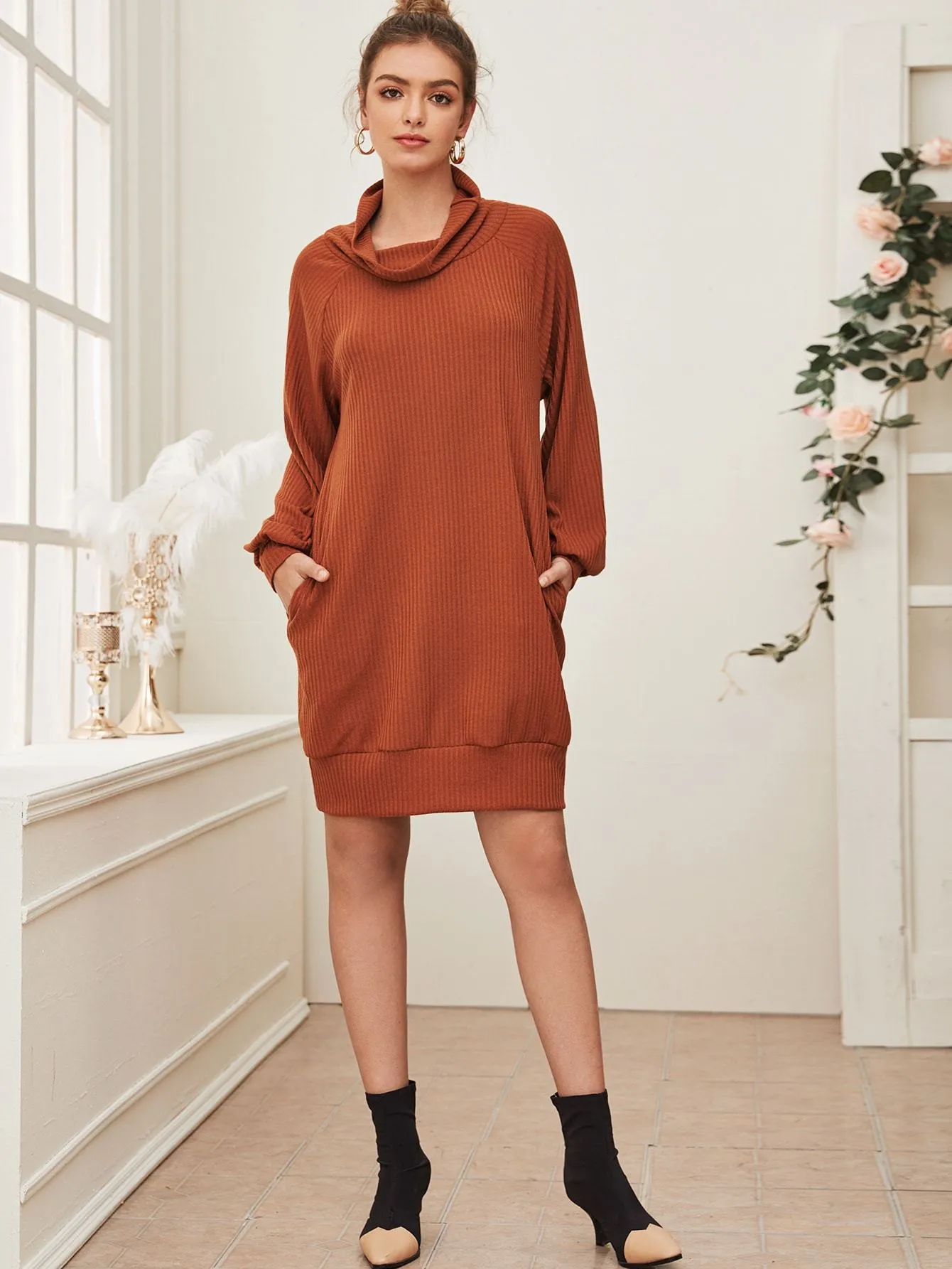 Cowl Neck Raglan Sleeve Sweater Dress Without Belt