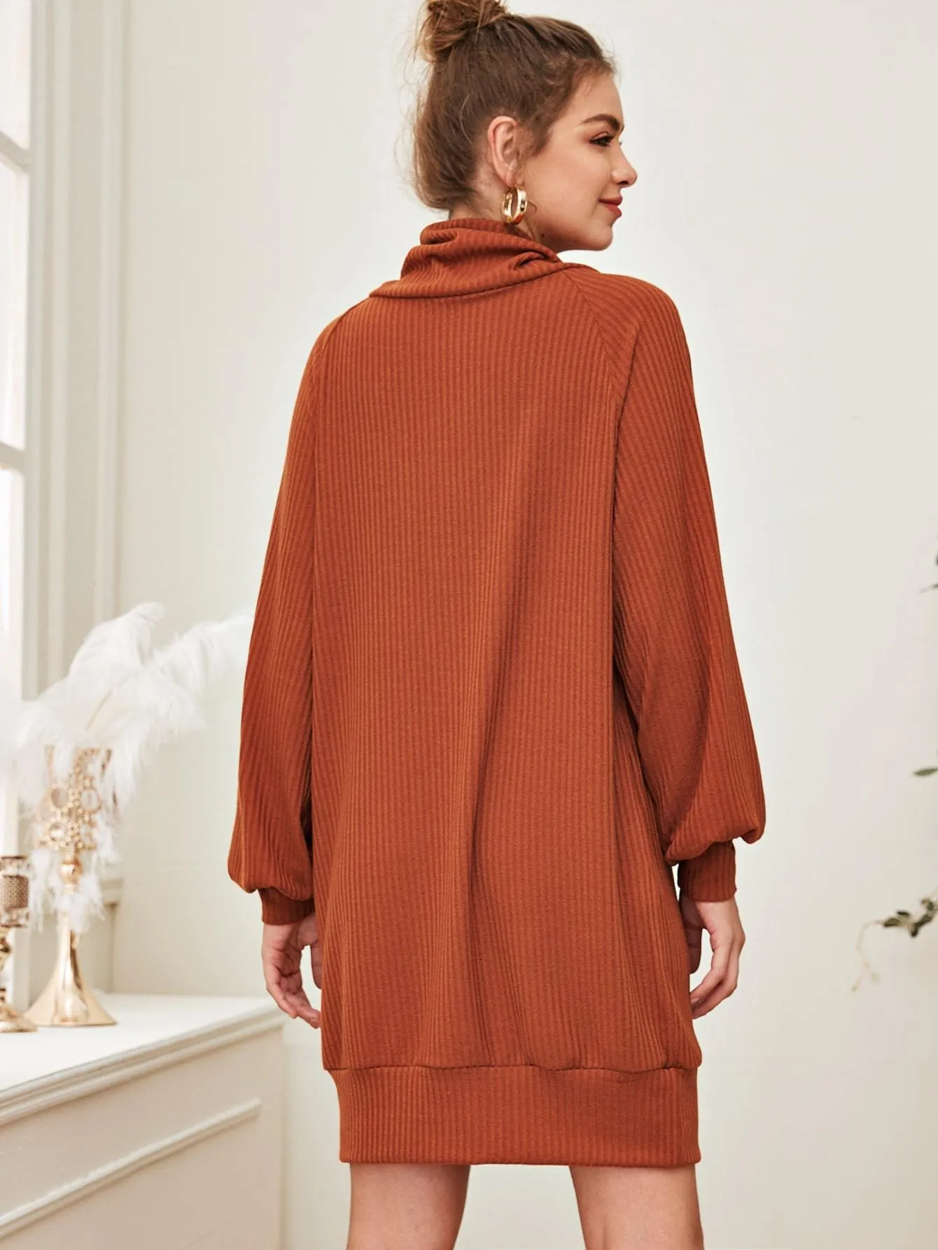 Cowl Neck Raglan Sleeve Sweater Dress Without Belt