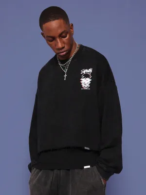 Crop Fit Raw Edge Washed Sweatshirt With Front Graphic Print
