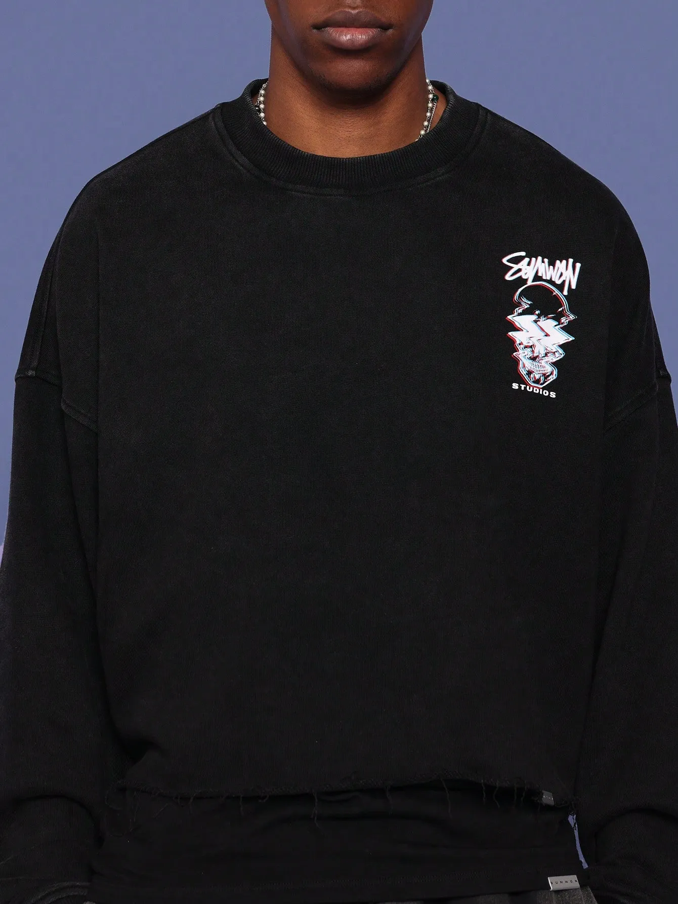 Crop Fit Raw Edge Washed Sweatshirt With Front Graphic Print