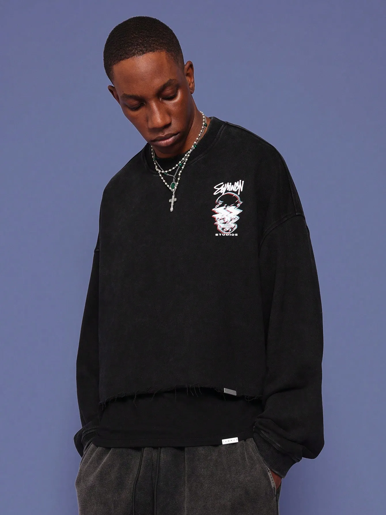 Crop Fit Raw Edge Washed Sweatshirt With Front Graphic Print