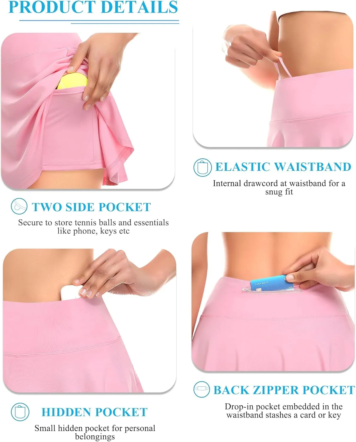 DERCA Pleated Tennis Skirt for Women with Pockets Shorts High Waisted Golf Skirts Workout Running Sports Athletic Skort