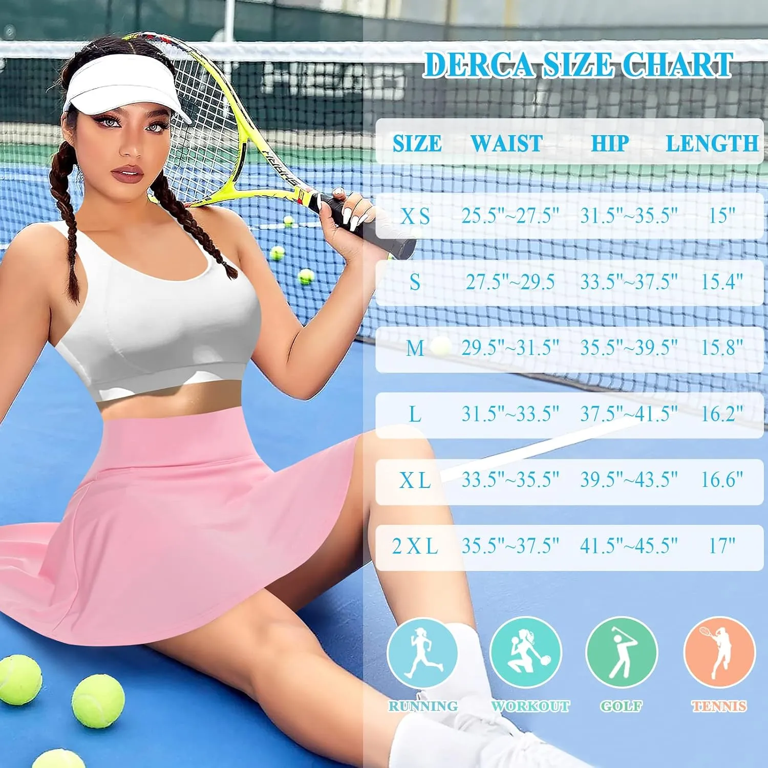 DERCA Pleated Tennis Skirt for Women with Pockets Shorts High Waisted Golf Skirts Workout Running Sports Athletic Skort