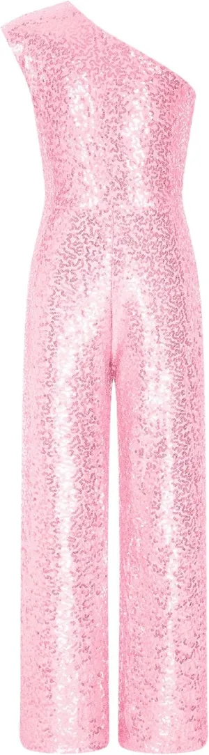 DINORMIN Kids Girl's One Shoulder Shiny Sequins Sleeveless Jumpsuit Pants Wedding Evening Romper Pants