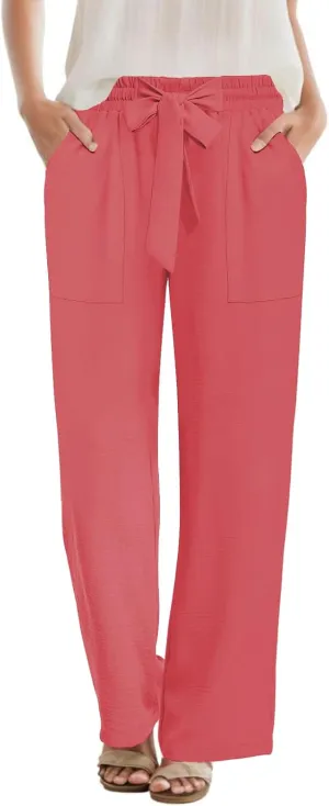 DouBCQ Women's Wide Leg Pants High Waist Flowy Tie Knot Trousers Business Casual Pants with Pockets