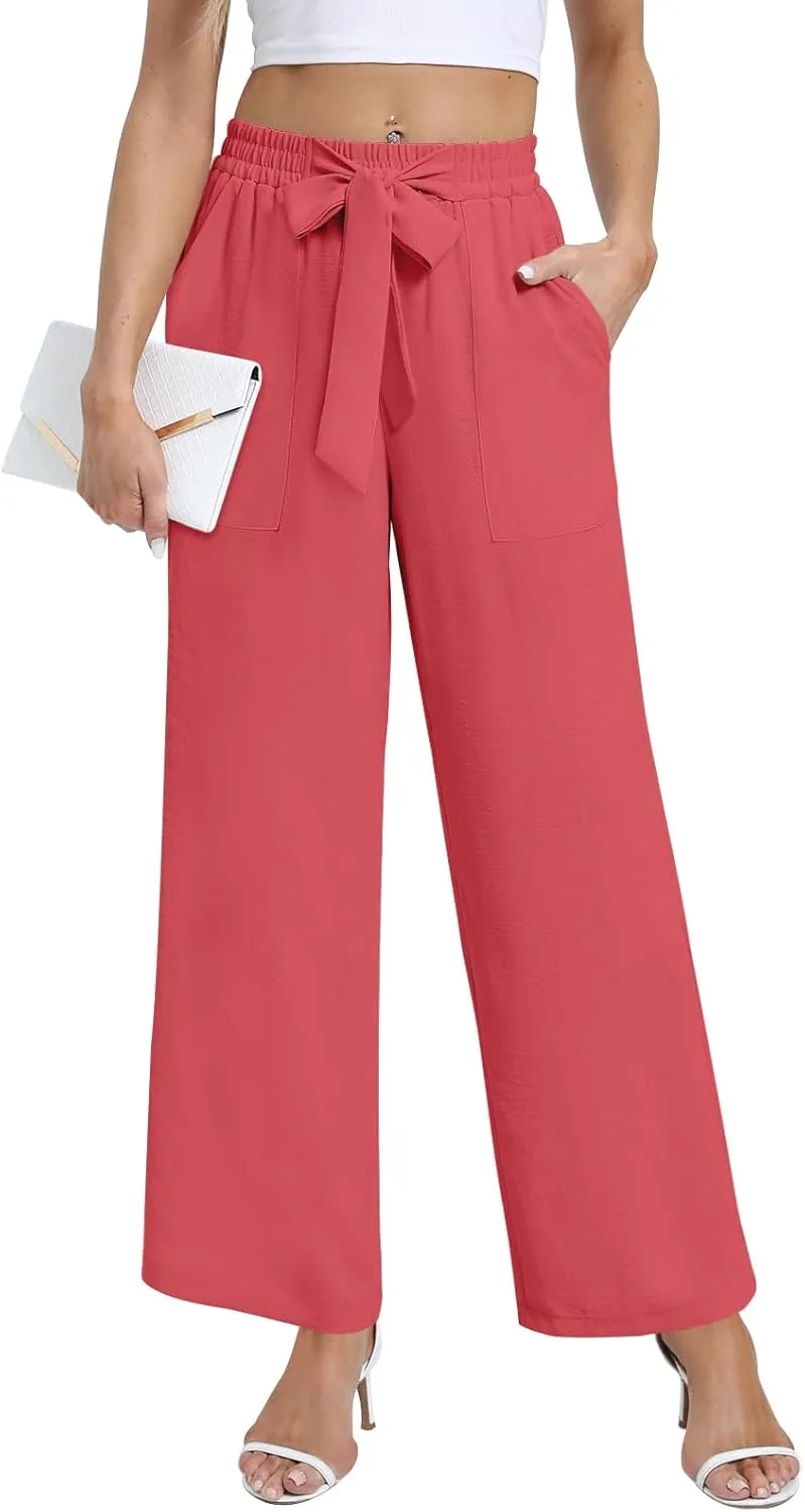 DouBCQ Women's Wide Leg Pants High Waist Flowy Tie Knot Trousers Business Casual Pants with Pockets