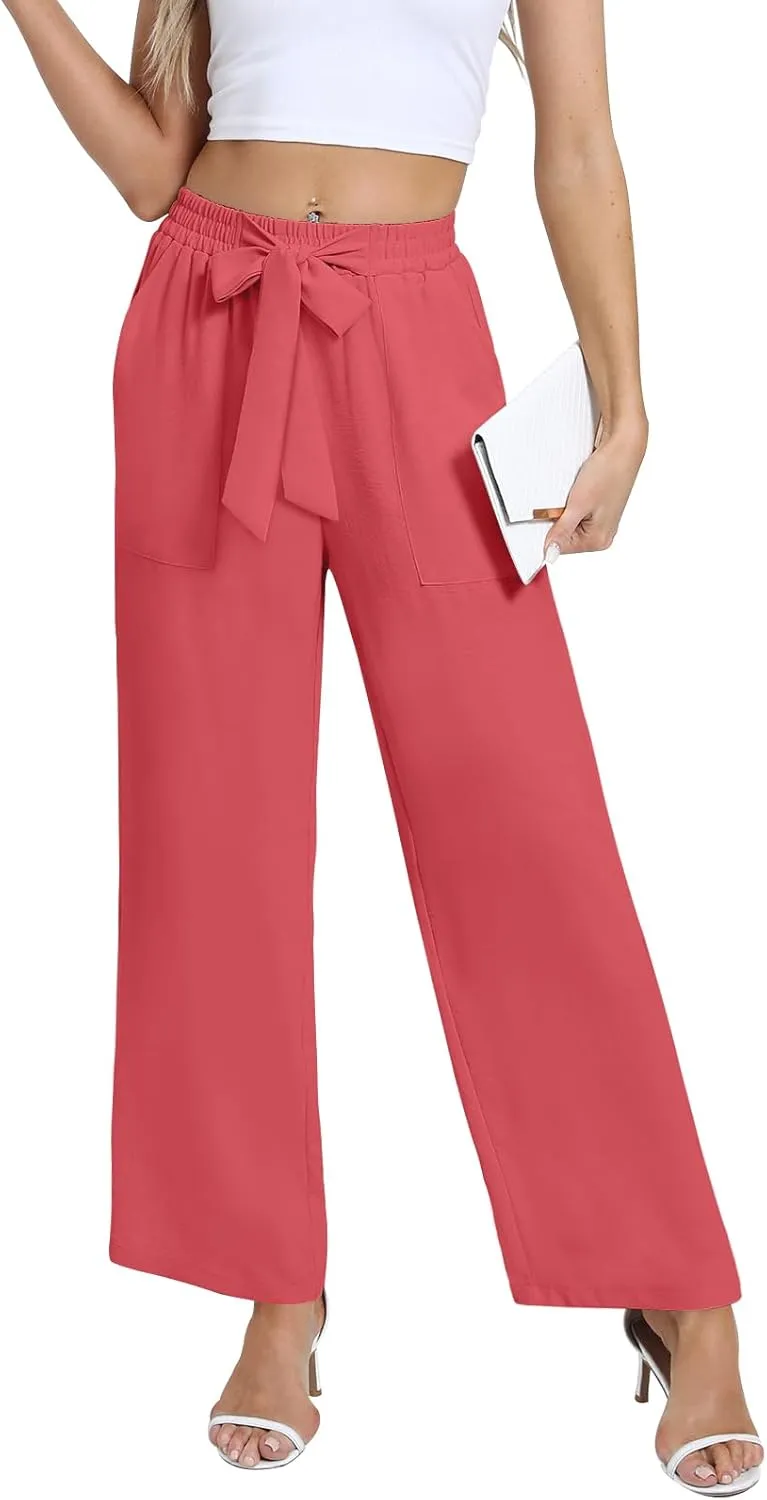 DouBCQ Women's Wide Leg Pants High Waist Flowy Tie Knot Trousers Business Casual Pants with Pockets