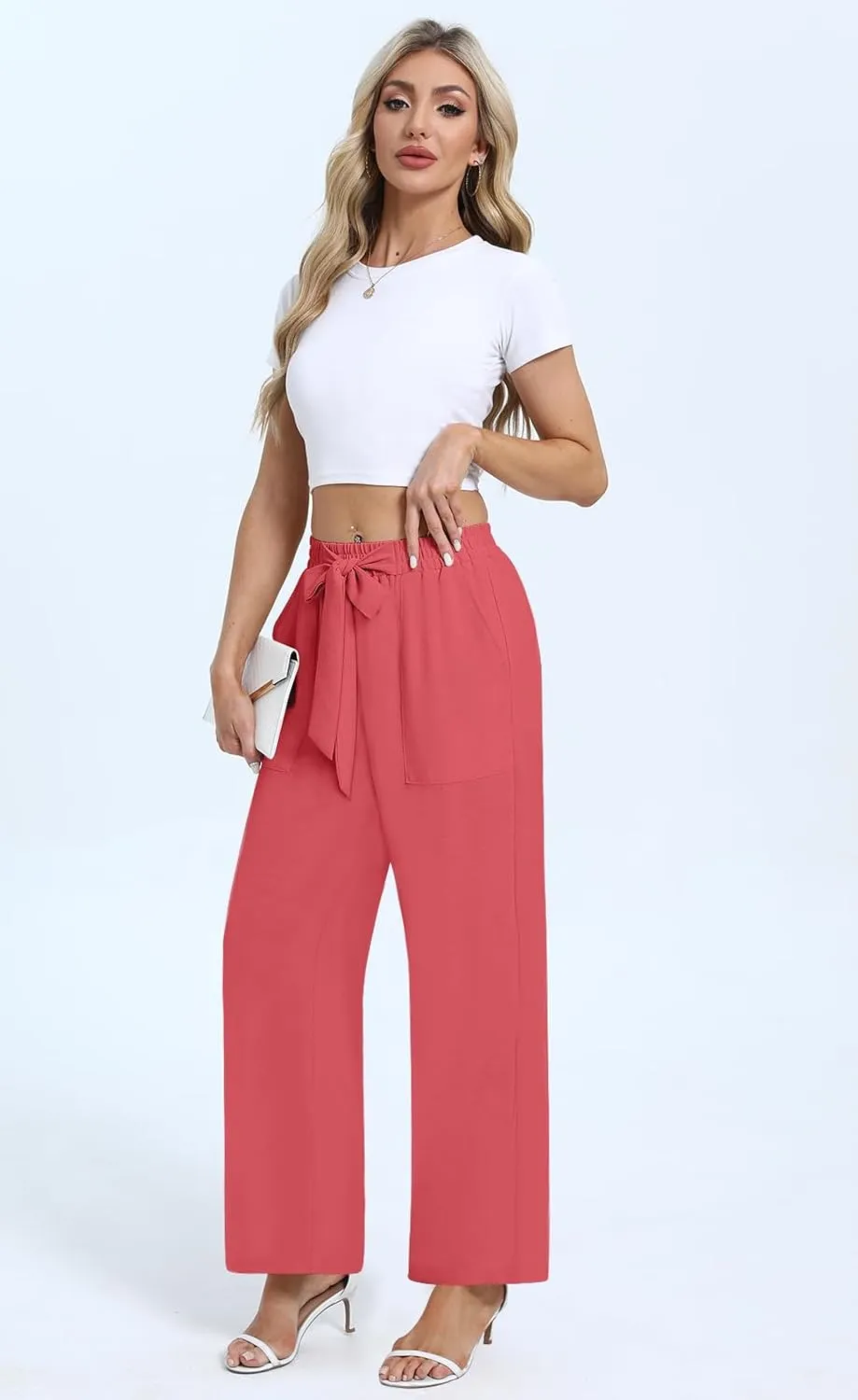 DouBCQ Women's Wide Leg Pants High Waist Flowy Tie Knot Trousers Business Casual Pants with Pockets