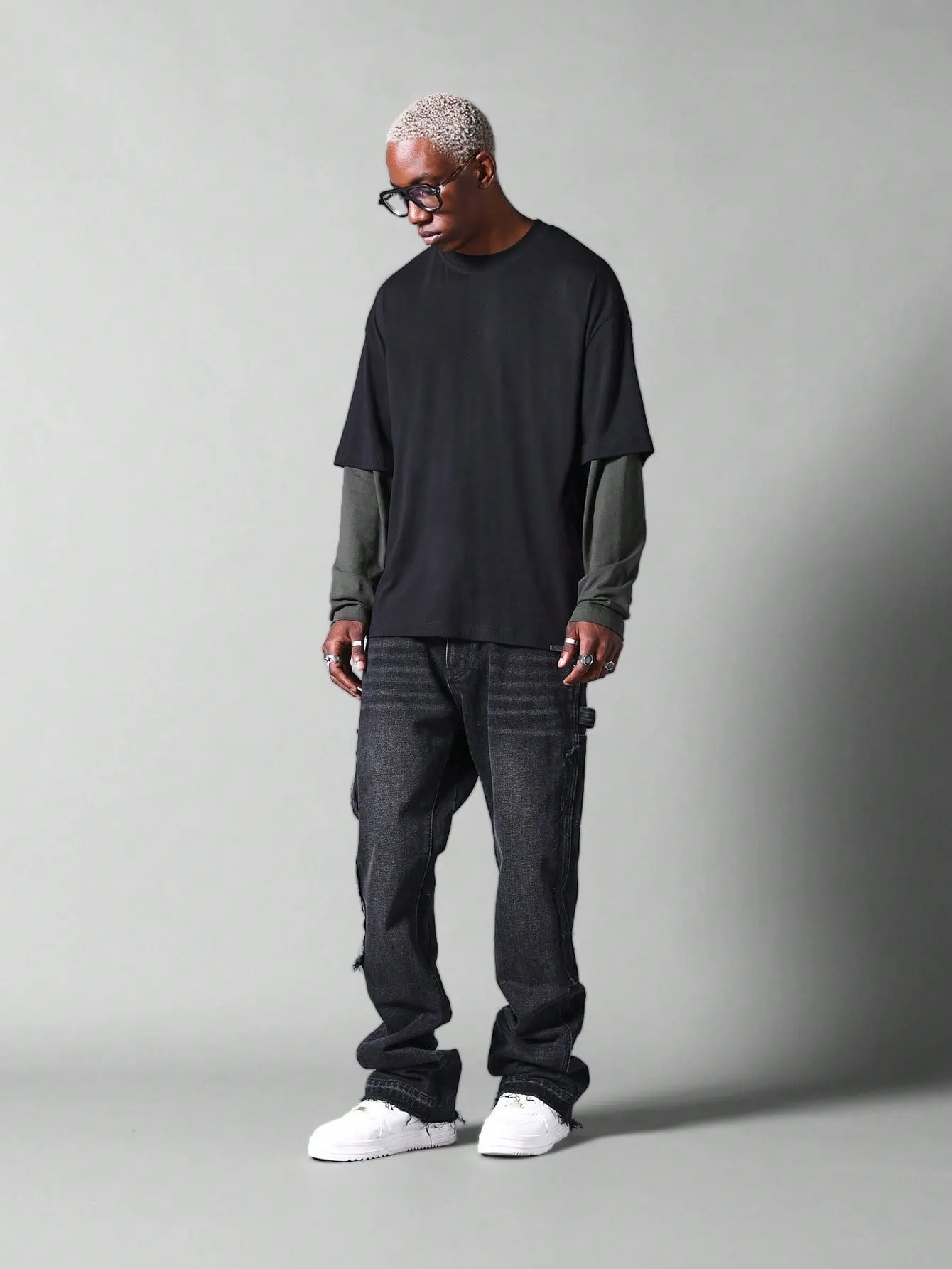 Double Layer Long Sleeve Tee With Contrast Sleeve