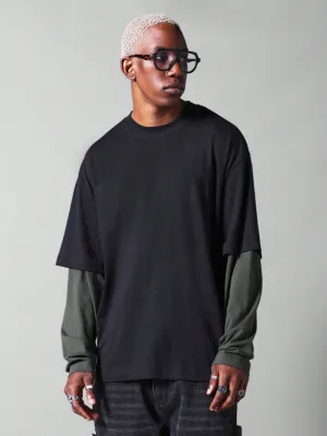Double Layer Long Sleeve Tee With Contrast Sleeve