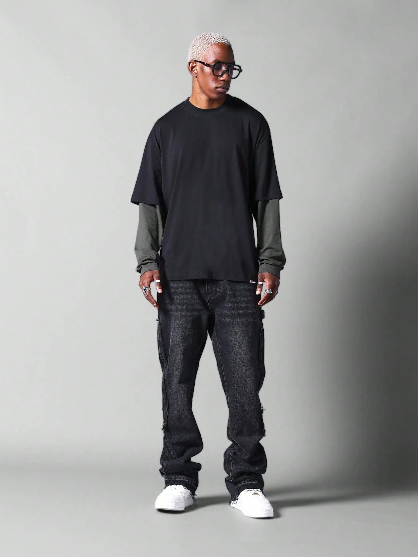 Double Layer Long Sleeve Tee With Contrast Sleeve