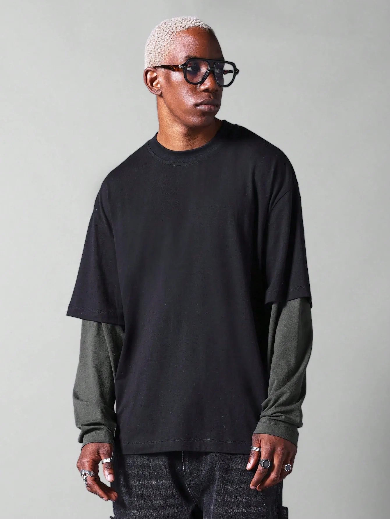 Double Layer Long Sleeve Tee With Contrast Sleeve
