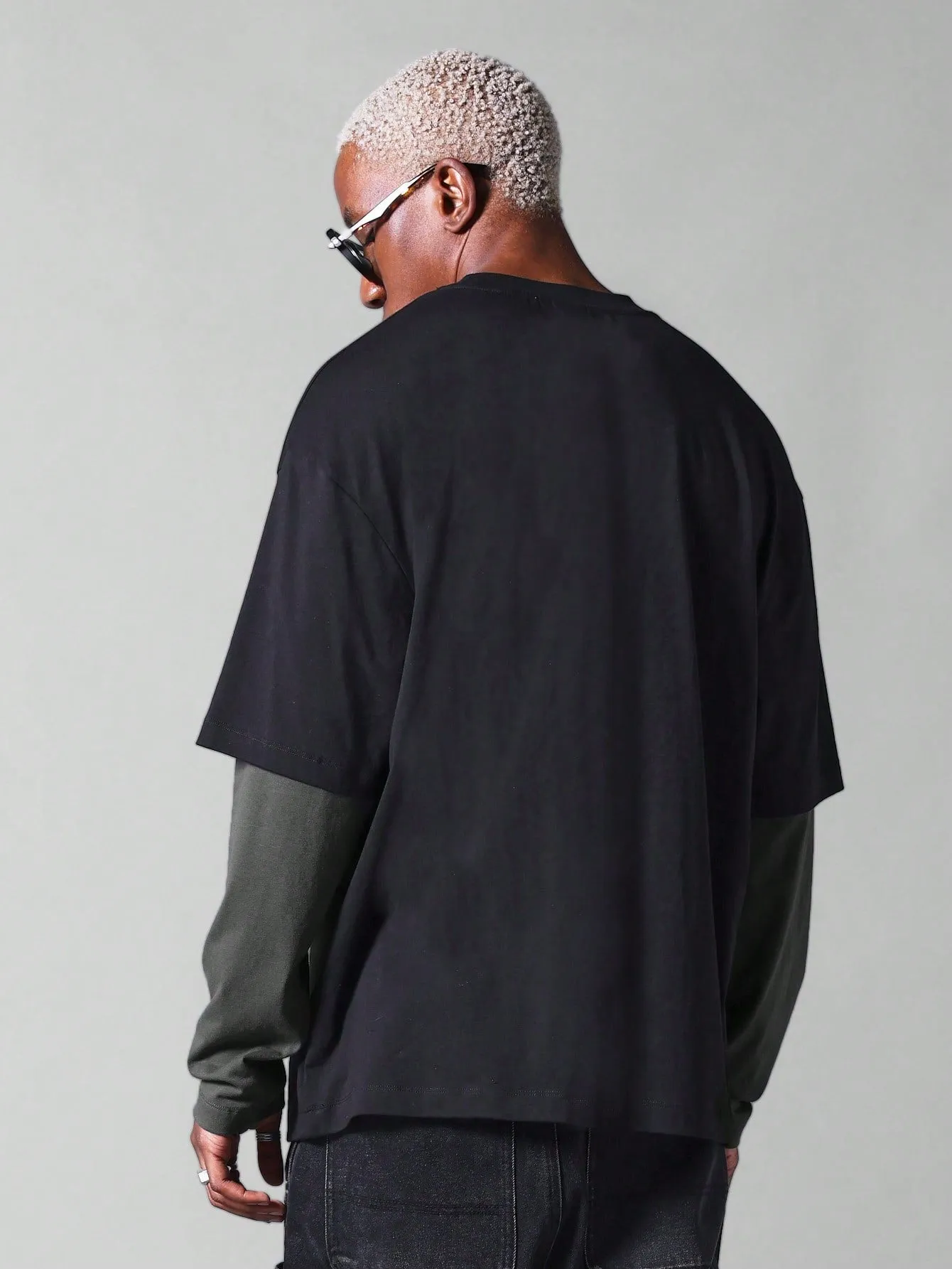 Double Layer Long Sleeve Tee With Contrast Sleeve
