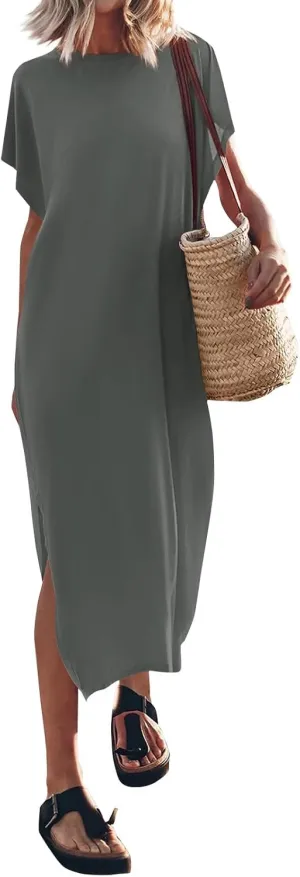 Dresses for Women 2024 Casual, Summer Solid Hawaiian Beach Cocktail Dress Crewneck Batwing Sleeve Slit Long Dresses