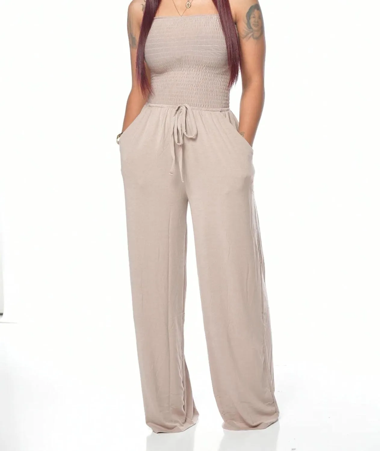 ECDAHICC Women's Strapless Tube Top Rompers Casual Off Shoulder Solid Color Belted Wide Leg Jumpsuit with Pockets