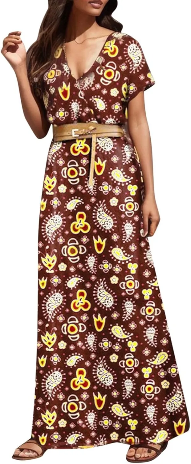 Eduavar Summer Dresses for Women, Maxi Dress for Women Dressy Elegant Short Sleeve V Neck Floral Dress with Drawstring