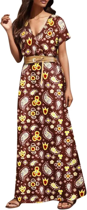 Eduavar Summer Dresses for Women, Maxi Dress for Women Dressy Elegant Short Sleeve V Neck Floral Dress with Drawstring