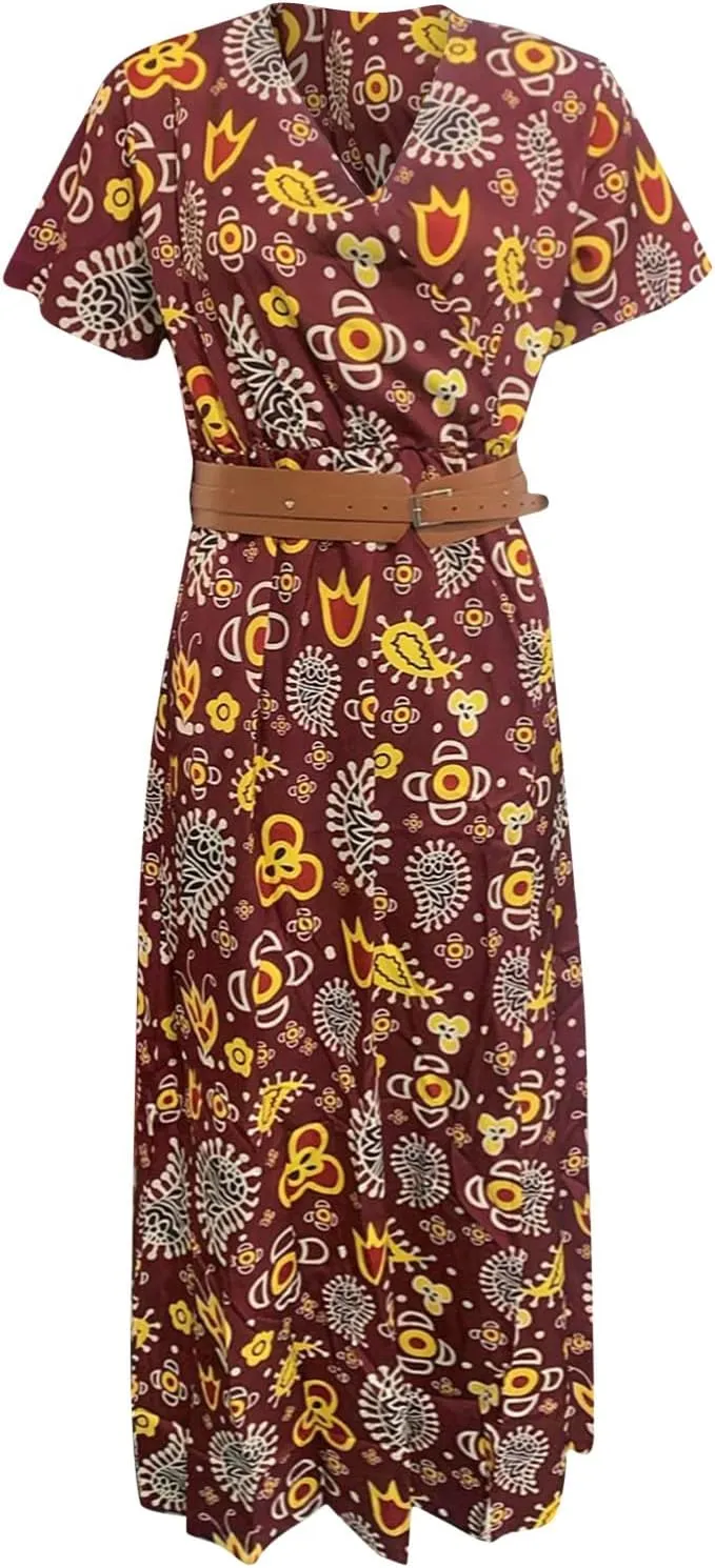 Eduavar Summer Dresses for Women, Maxi Dress for Women Dressy Elegant Short Sleeve V Neck Floral Dress with Drawstring