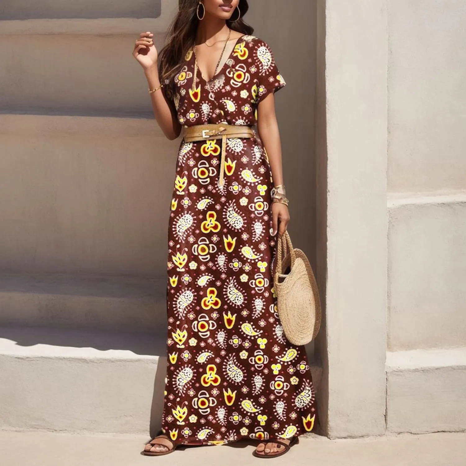 Eduavar Summer Dresses for Women, Maxi Dress for Women Dressy Elegant Short Sleeve V Neck Floral Dress with Drawstring