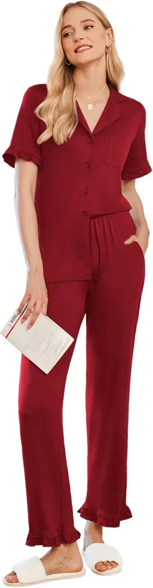 Ekouaer Ruffle Pajamas for Women Set 2 Piece Button Up Pj Sets Soft Pants Lounge Set Loungewear