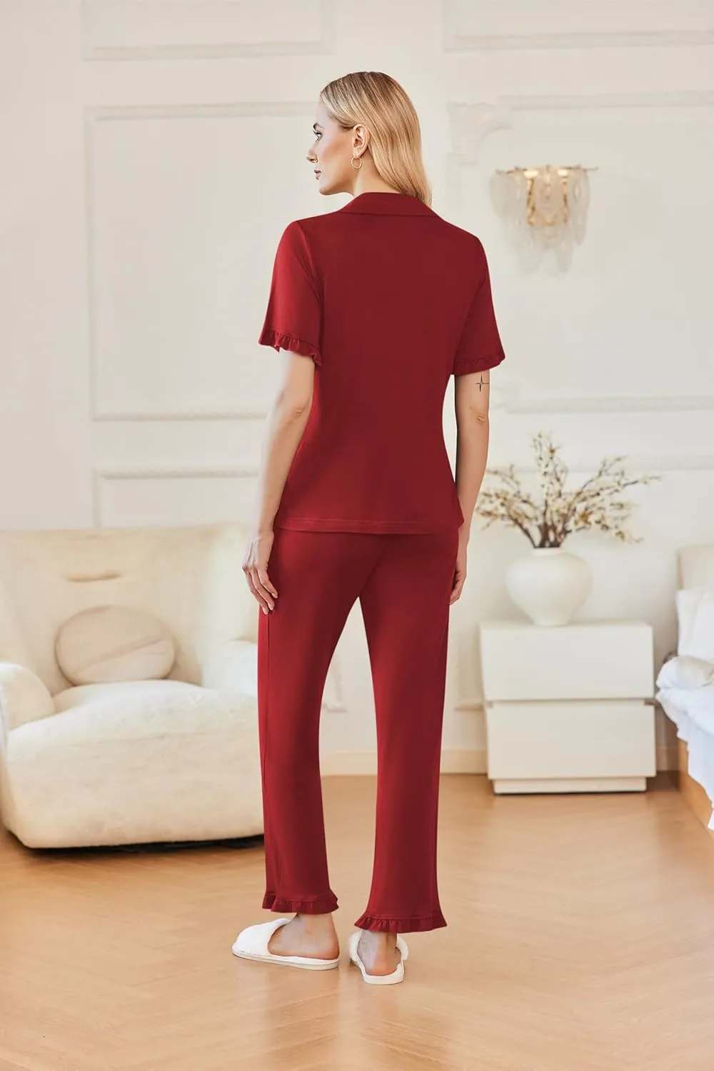 Ekouaer Ruffle Pajamas for Women Set 2 Piece Button Up Pj Sets Soft Pants Lounge Set Loungewear