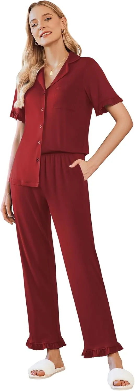 Ekouaer Ruffle Pajamas for Women Set 2 Piece Button Up Pj Sets Soft Pants Lounge Set Loungewear