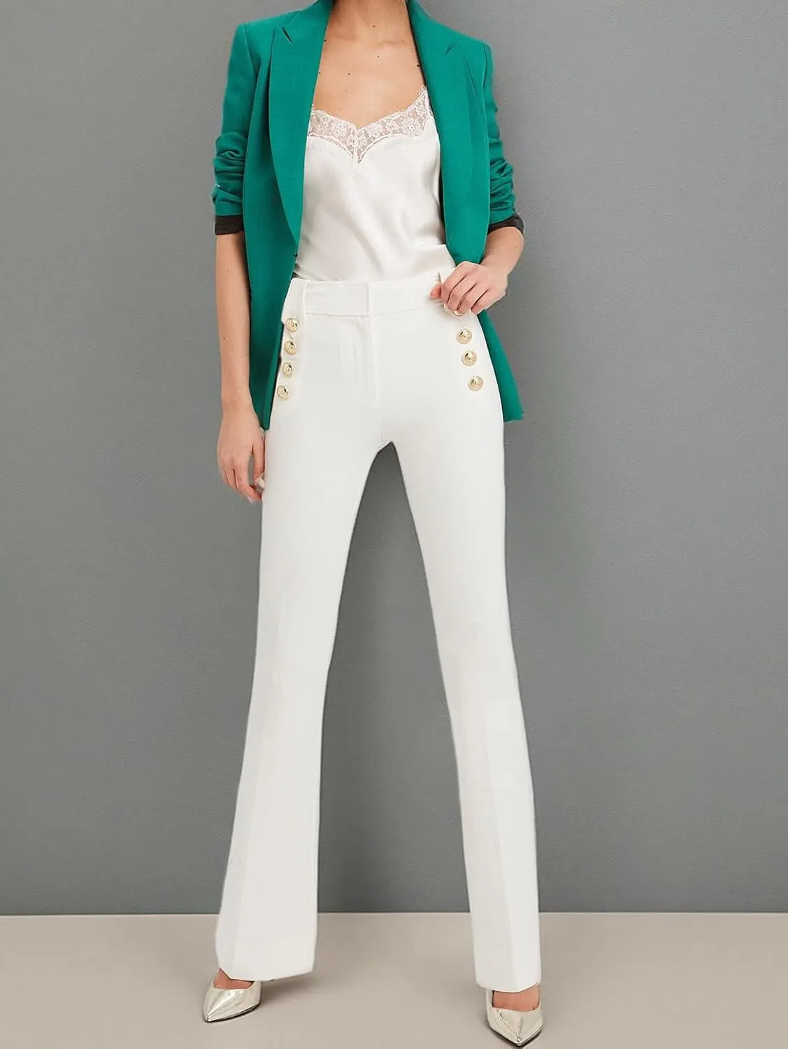 Famulily Womens Classy High Waist Double Breasted Flared Sailor Trousers Pants with Hide Zipper